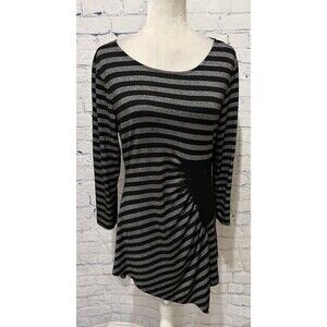 Beige By ECI NY Women's Gray Black Striped Knee Length Stretch Dress Large